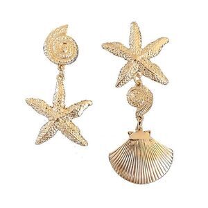 🐚 Starfish Seashell Conch Nautical Beach Gold-tone Asymmetrical Earrings NEW